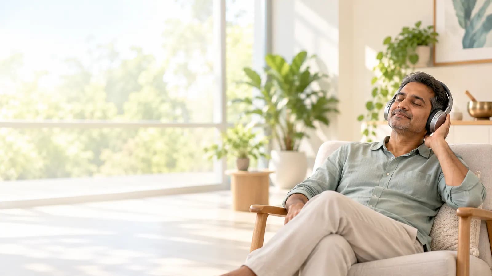 Person relaxing while listening to music with headphones
